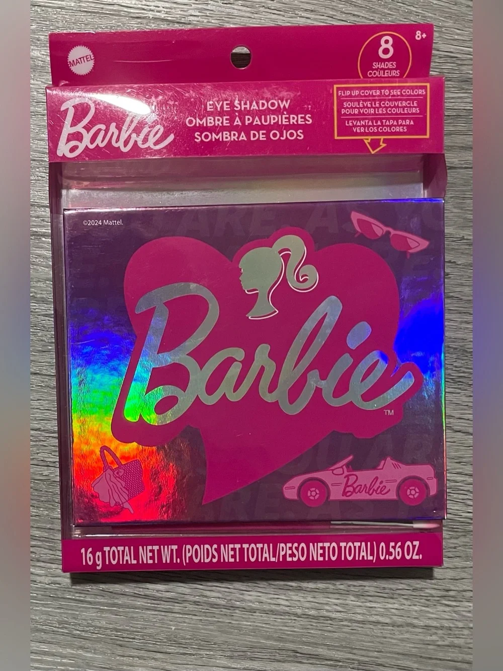 NWT Barbie Bright Pink Holographic Eyeshadow Makeup Set Packaging